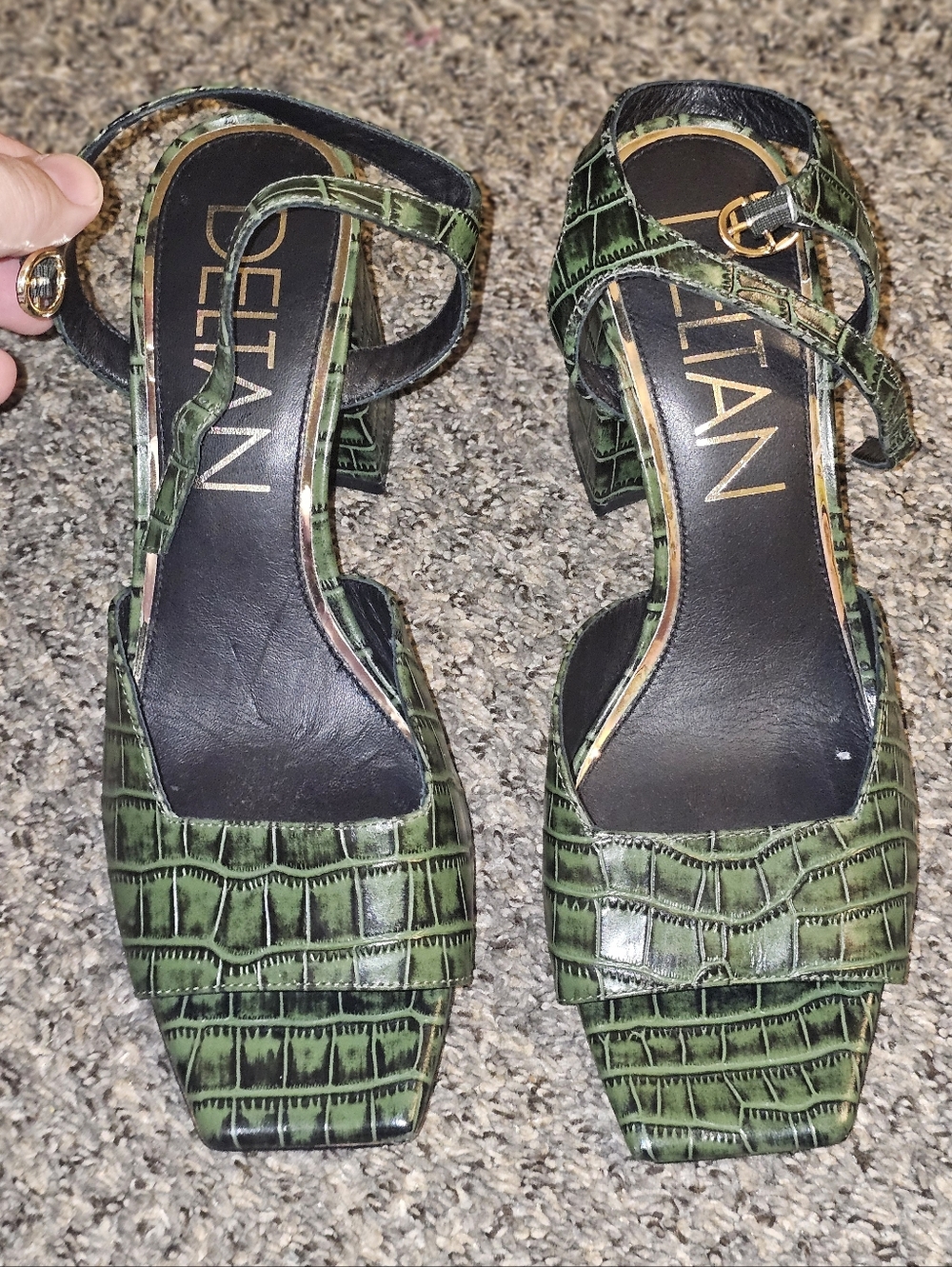 Delta Green Croc-Embossed Square Toe Slingback Heels